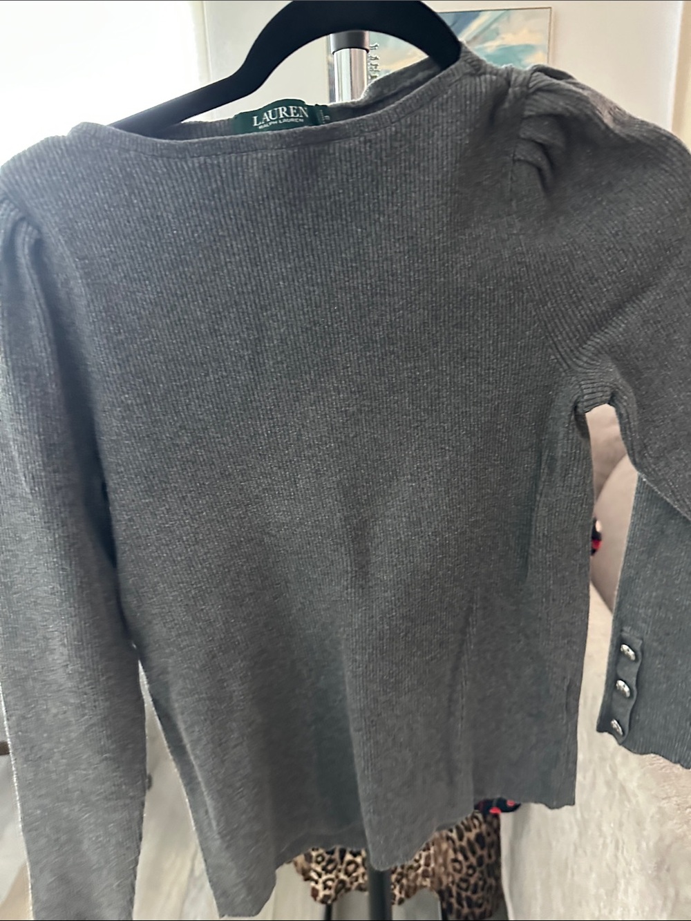Lauren Ralph Lauren Charcoal Ribbed Scoop-Neck Sweater with Button Cuffs